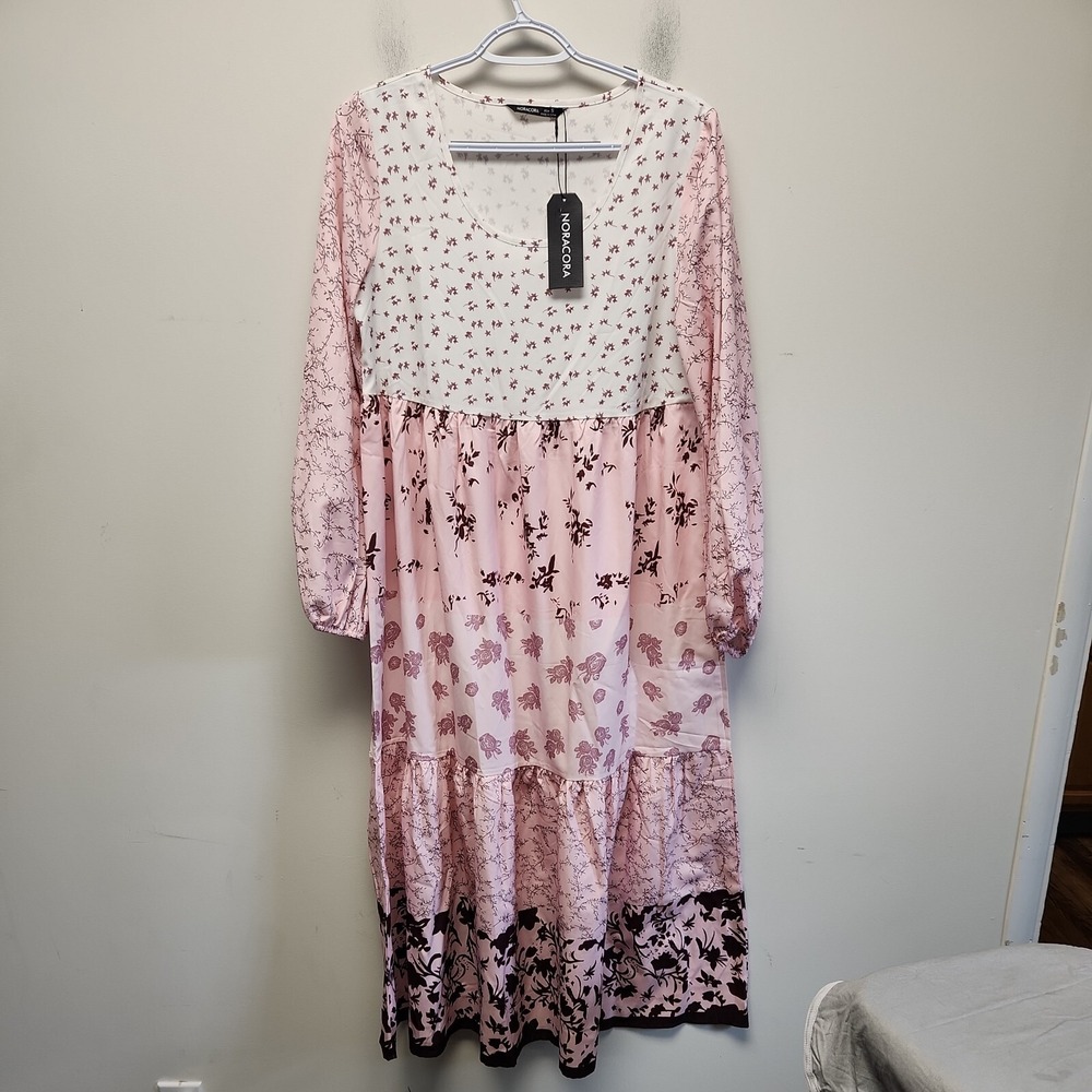 Women's Noracora Boho Gypsy Floral Pink & White Long Sleeve Dress Size S New
